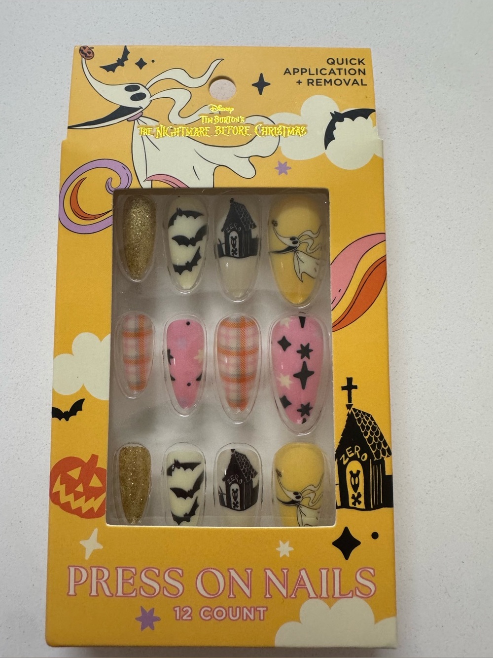 The Nightmare Before Christmas Pink & Yellow Themed Press-On Nails 12pc zero